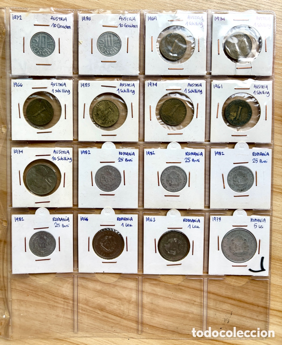 Monedas antiguas de Europa: Lote 16 monedas Austria y Ruman&iacute;a (1961-1985) en cartones + hoja