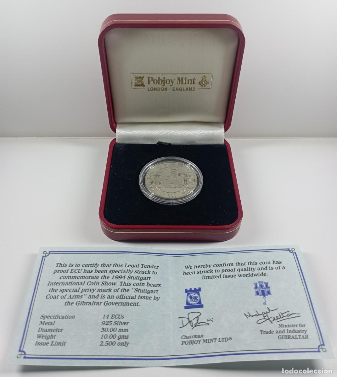 Monedas antiguas de Europa: Moneda de Gibraltar 14 Ecus 1994 Stuttgart Coat of Arms de plata
