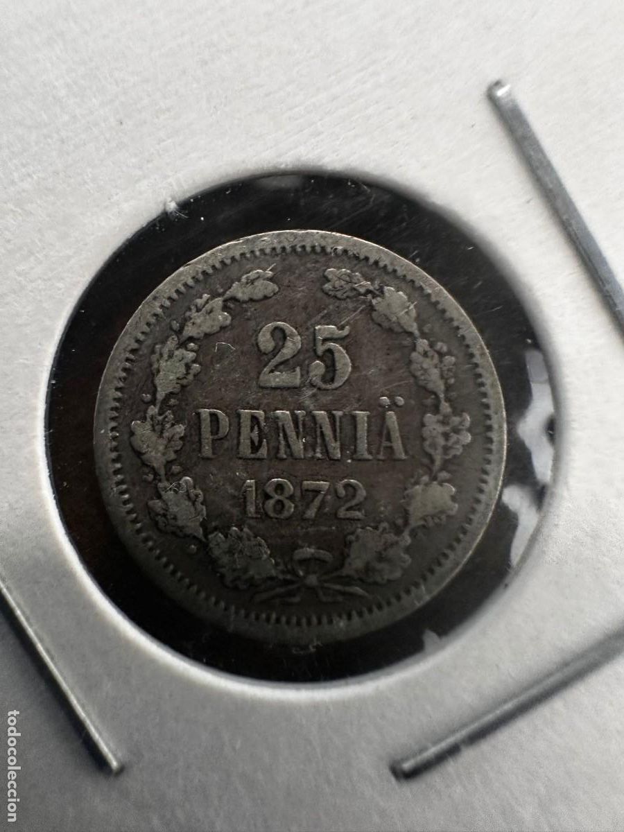 Monedas antiguas de Europa: FINLANDIA IMPERIAL - 25 PENNI&Auml; DE PLATA 1872 - CON PRECIOSA P&Aacute;TINA OSCURA - EN CART&Oacute;N