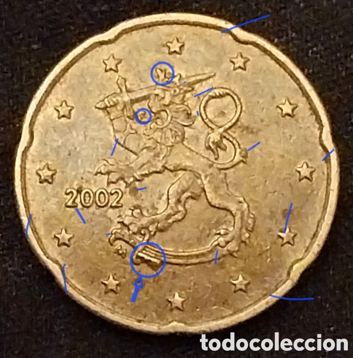 Monedas antiguas de Europa: 20cent Finlandia 2002 ERROR Rotura Cu&ntilde;o