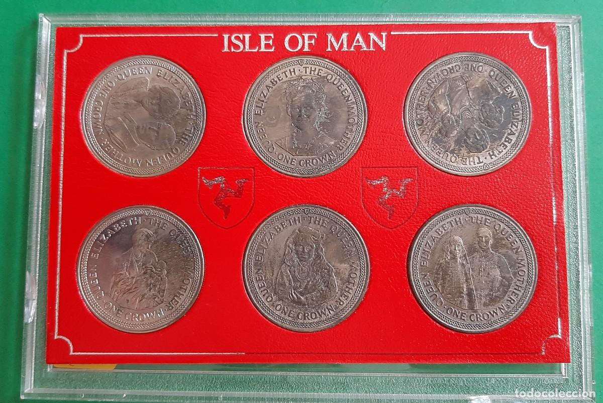 Monedas antiguas de Europa: (ISLA DE MAN)(1985)(CUPRONIQUEL) SET DE 6 MONEDAS ONE CROWN REINA MADRE
