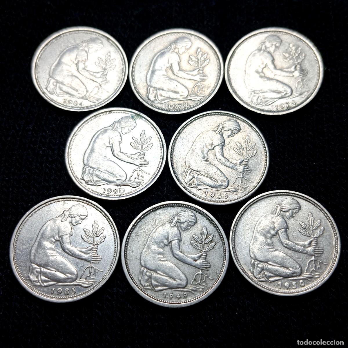 Alte M&uuml;nzen aus Europa: ⚜️ BBF1 6. Alemania. Lote de 8 monedas diferentes de 50 pfennig. 28 g