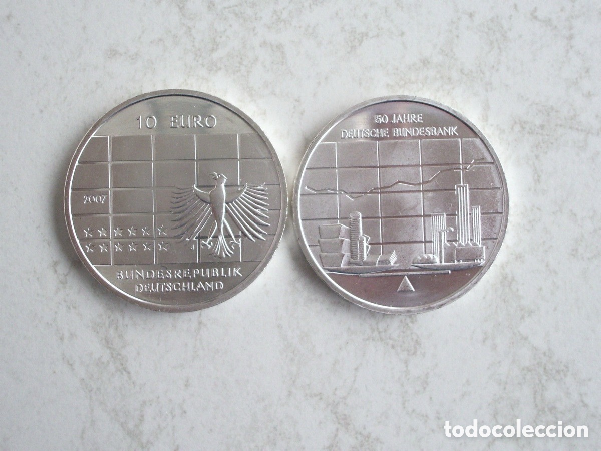 Alte M&uuml;nzen aus Europa: Moneda 10 Euros Plata &rdquo;50 Aniversario Bundesbank&rdquo;.