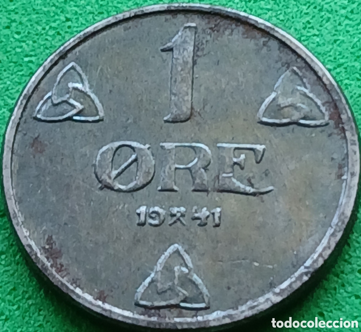 Monedas antiguas de Europa: Noruega 1 ore 1941 km#387 oxidaci&oacute;n en el anverso