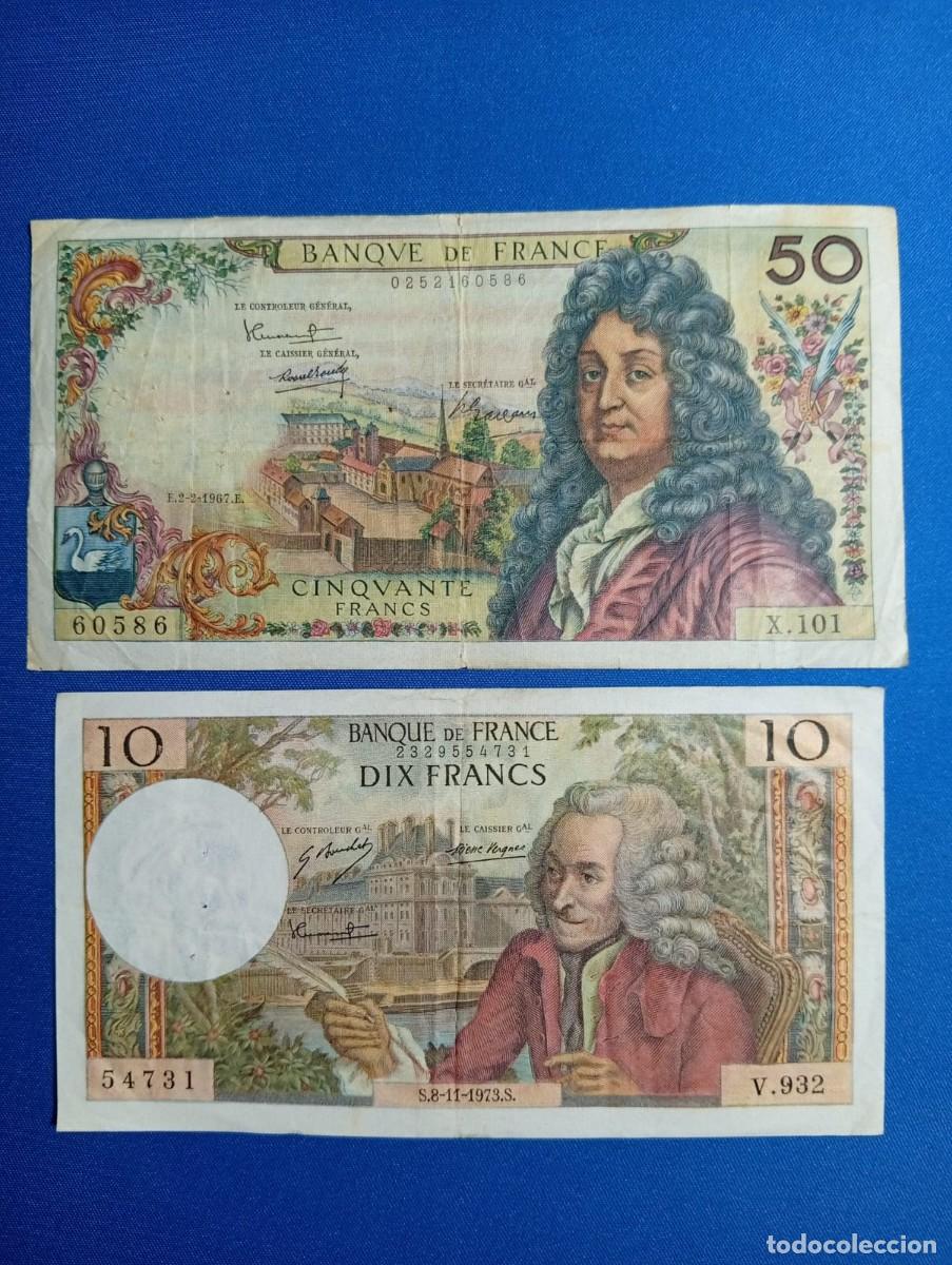 Monedas antiguas de Europa: 2 billetes de 50 y 20 francos Francia