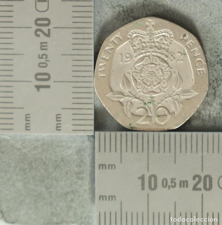 Alte M&uuml;nzen aus Europa: Moneda. 20 Pence - Reino Unido - Isabel II - Rosa Tudor coronada 1982