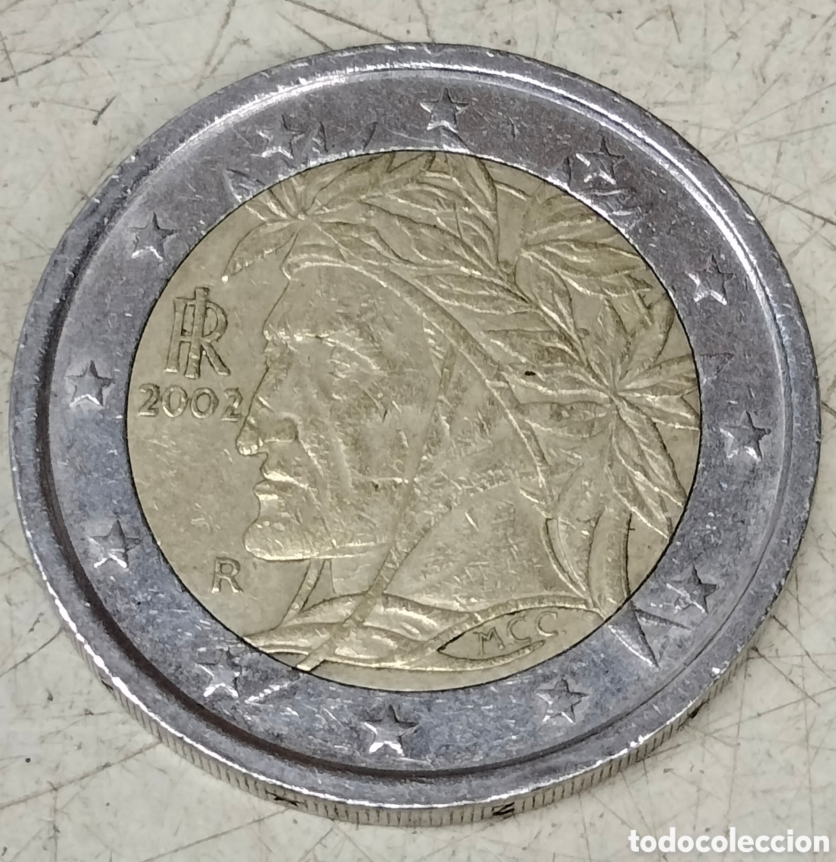 Monedas antiguas de Europa: 2 euros de Italia del a&ntilde;o 2002 con el retrato de Dante Alighieri