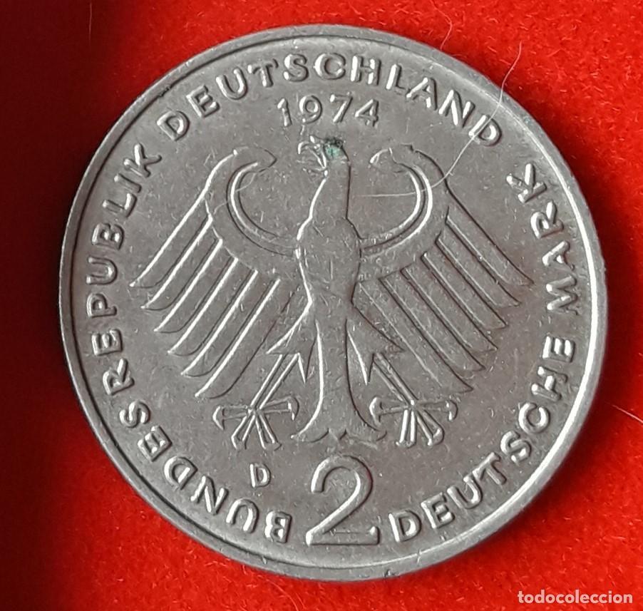 Monedas antiguas de Europa: MONEDA DE ALEMANIA 1974 - 2 MARCOS, CECA D, THEODOR HEUSS - COBRE-N&Iacute;QUEL