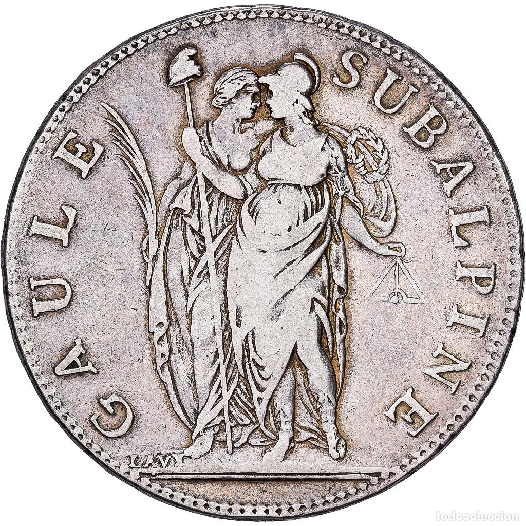 Monedas antiguas de Europa: [#1545154] Subalpine Republic, 5 Francs, AN 10 (1801), Turin, Plata, BC+, Gadoury:IT4