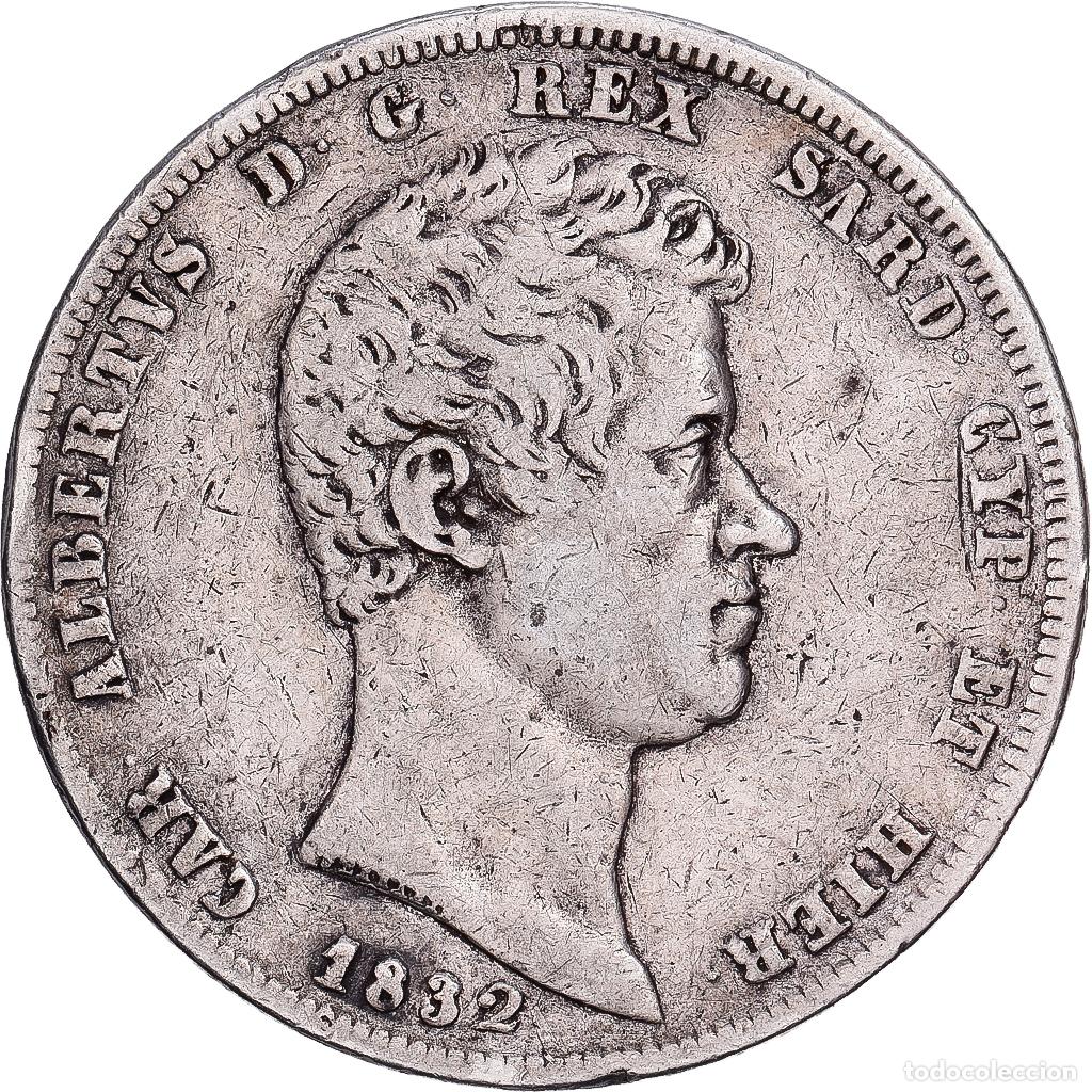 Moedas antigas da Europa: [#1545014] Kingdom of Sardinia, Charles-Albert, 5 Lire, 1832, Genoa, Plata, BC+, KM:130