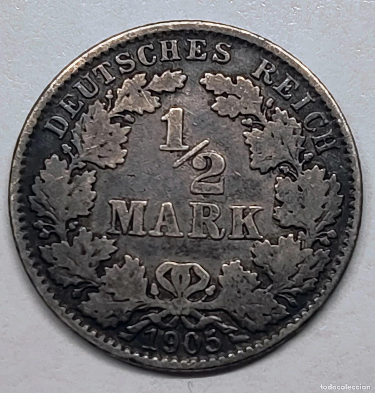 Moedas antigas da Europa: &frac12; Mark 1905 E Plata Imperio Alem&aacute;n
