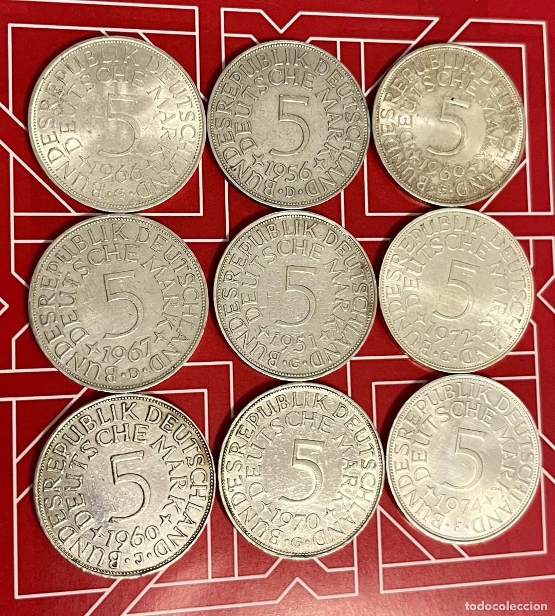 Monedas antiguas de Europa: Lote 9 monedas de 5 Marcos de Plata (Alemania).
