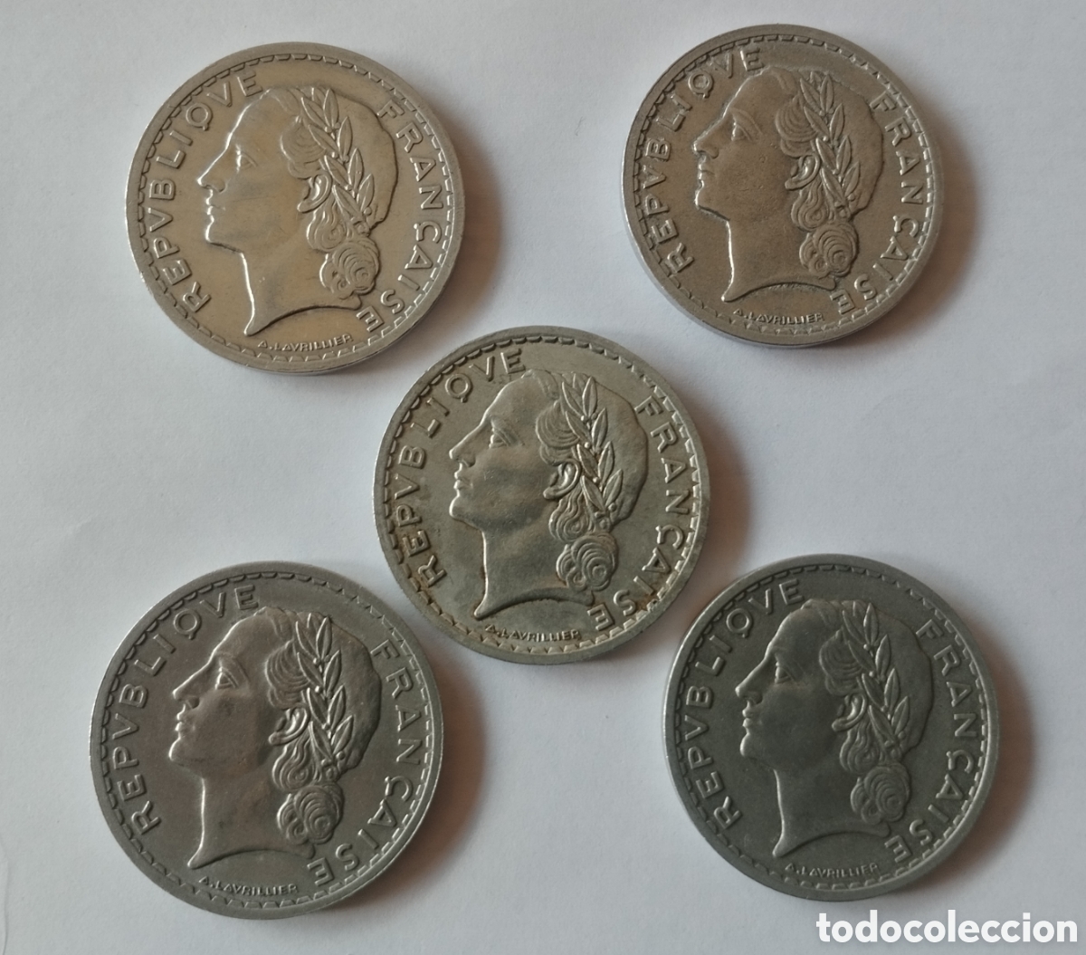 Moedas antigas da Europa: LOTE DE 5 MONEDAS FRANCIA DE 5 FRANCOS A&Ntilde;OS 1945-1946-1948-1949 Y 1950 (FOTO)