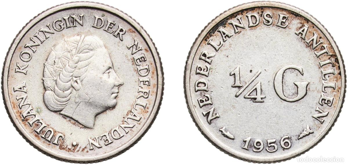 Monete antiche di Europa: Netherlands Antilles Dutch Colony 1956 &frac14; Gulden - Juliana Silver (.640) (36% copper) Utrecht Mint (