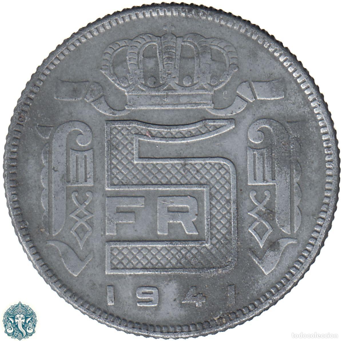 Monedas antiguas de Europa: B&Eacute;LGICA 5 Francos 1941 Leopoldo III KM#130 Zinc Leyenda Der Belgen