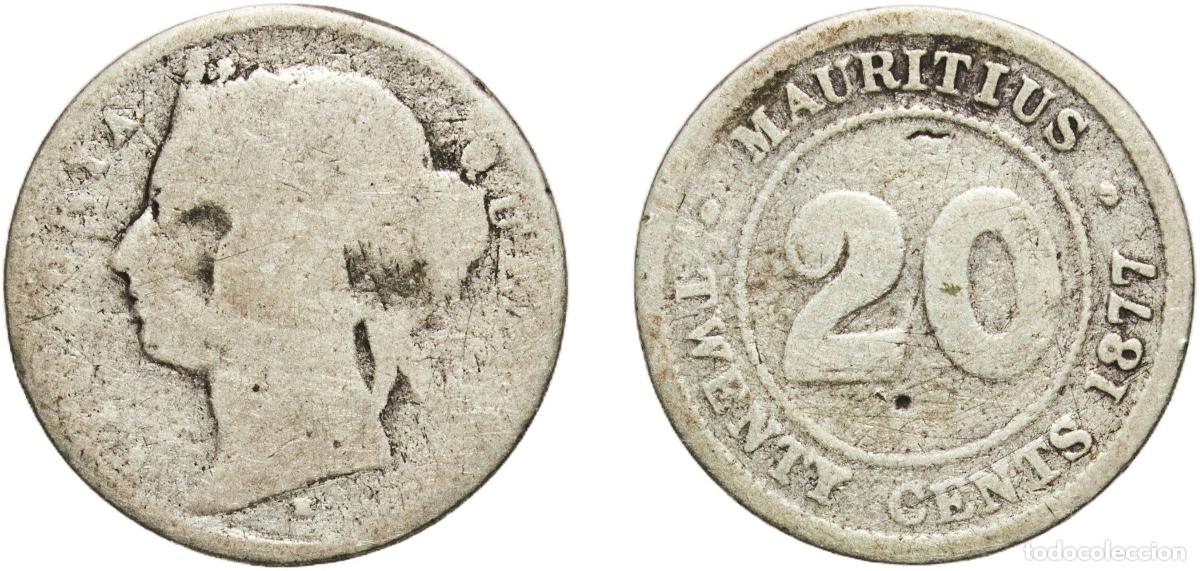 Monedas antiguas de Europa: Mauritius British crown colony 1877 H 20 Cents - Victoria Silver (.800) Heaton and Sons / The Mint