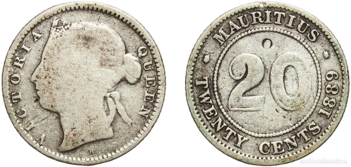 Monedas antiguas de Europa: Mauritius British crown colony 1889 H 20 Cents - Victoria Silver (.800) Heaton and Sons / The Mint