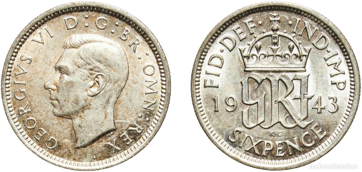Monedas antiguas de Europa: Great Britain United Kingdom Kingdom 1943 6 Pence - George VI (1st coinage) Silver (.500) Royal Min