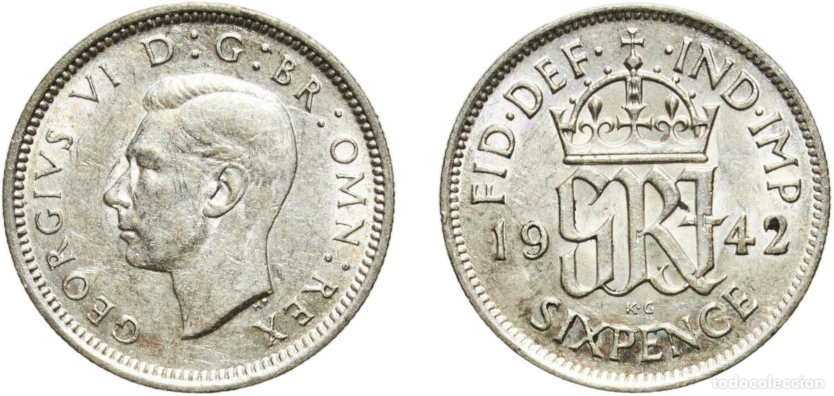 Monedas antiguas de Europa: Great Britain United Kingdom Kingdom 1942 6 Pence - George VI (1st coinage) Silver (.500) Royal Min