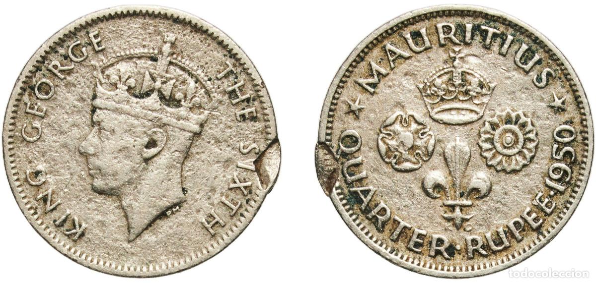 Monedas antiguas de Europa: Mauritius British crown colony 1950 &frac14; Rupee - George VI Copper-nickel Royal Mint (Tower Hill) (2000