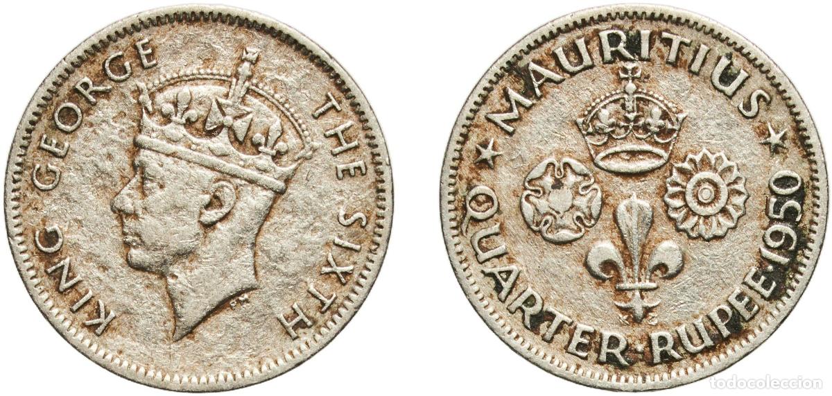 Monedas antiguas de Europa: Mauritius British crown colony 1950 &frac14; Rupee - George VI Copper-nickel Royal Mint (Tower Hill) (2000