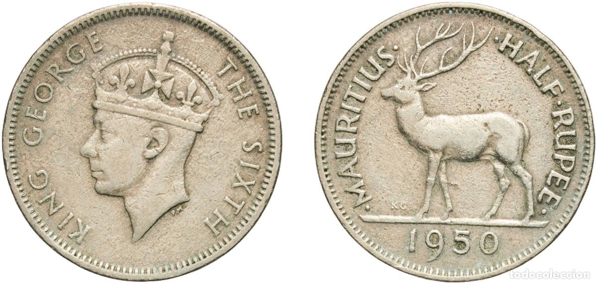 Monedas antiguas de Europa: Mauritius British crown colony 1950 &frac12; Rupee - George VI Copper-nickel Royal Mint (Tower Hill) (1000