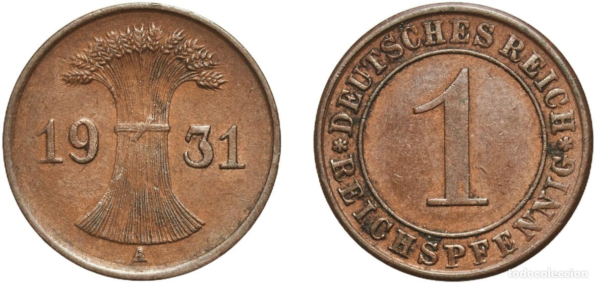 Monedas antiguas de Europa: Germany Weimar Republic 1931 A 1 Reichspfennig Copper Berlin Mint (38480582) 1.95g AU KM 37 AKS 57