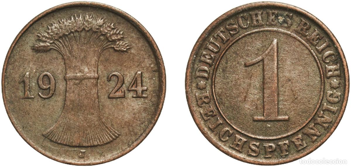 Monedas antiguas de Europa: Germany Weimar Republic 1924 J 1 Reichspfennig Copper Hamburg Mint (24400000) 2g AU KM 37 AKS 57 J