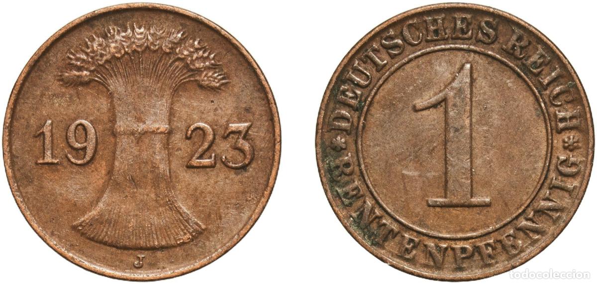 Monedas antiguas de Europa: Germany Weimar Republic 1923 J 1 Rentenpfennig Bronze Hamburg Mint (1470000) 1.97g AU KM 30 AKS 56