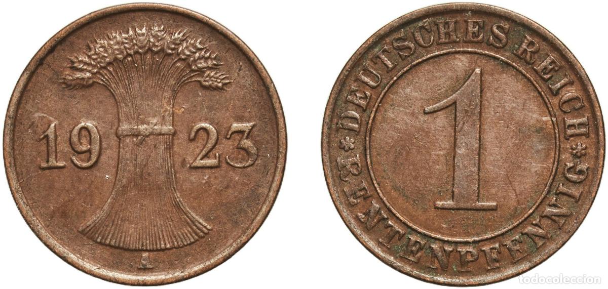 Monedas antiguas de Europa: Germany Weimar Republic 1923 A 1 Rentenpfennig Bronze Berlin Mint (12628587) 1.94g AU KM 30 AKS 56