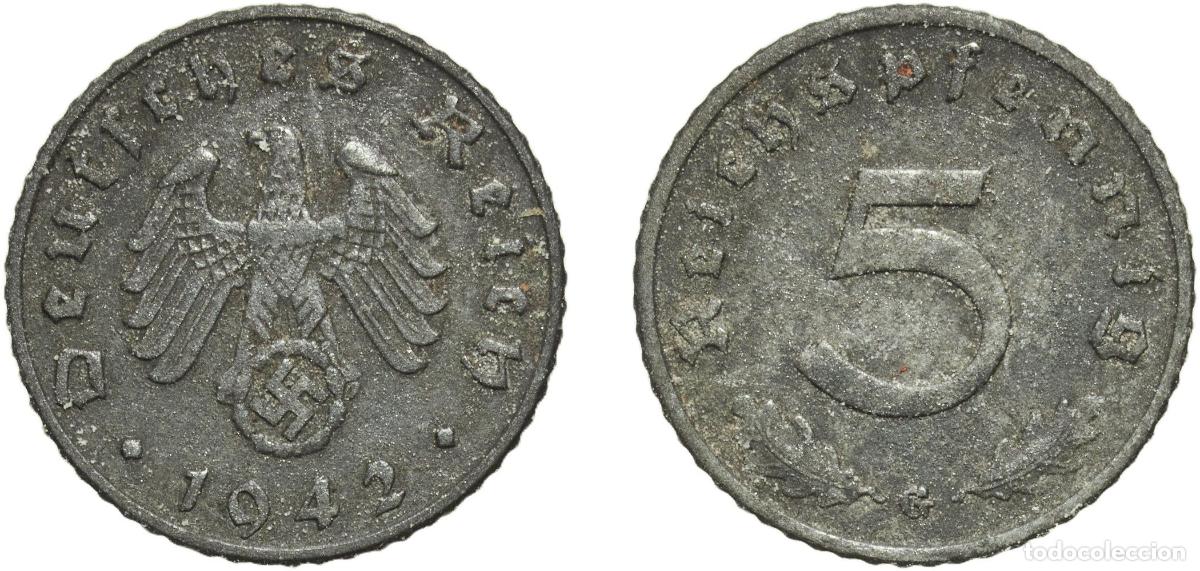 Monedas antiguas de Europa: Germany Third Reich 1942 G 5 Reichspfennig Zinc Staatliche M&uuml;nze Baden-W&uuml;rttemberg Mint (12749125)