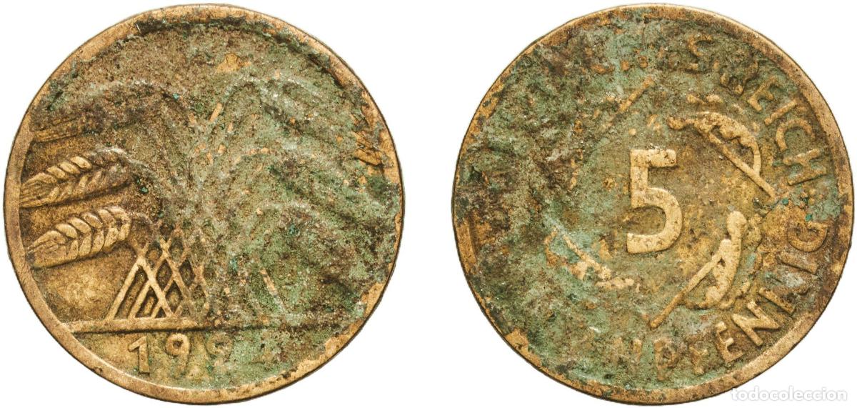 Monedas antiguas de Europa: Germany Weimar Republic 1924 A 5 Rentenpfennig Aluminium bronze Berlin Mint (171965942) 2.42g VF K