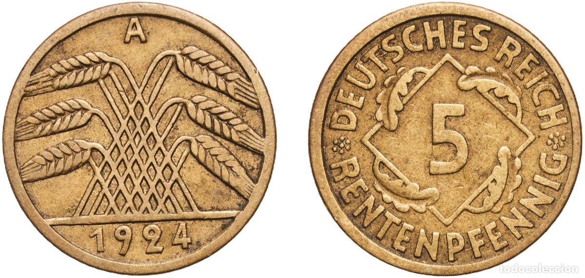 Monedas antiguas de Europa: Germany Weimar Republic 1924 A 5 Rentenpfennig Aluminium bronze Berlin Mint (171965942) 2.47g XF K