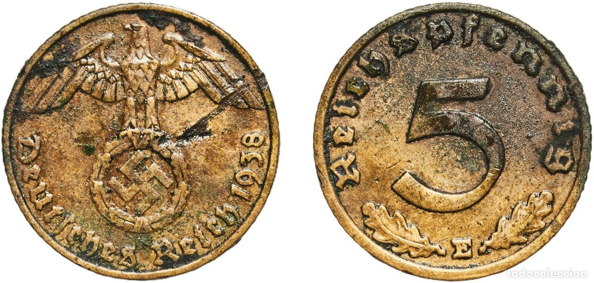 Monedas antiguas de Europa: Germany Third Reich 1938 E 5 Reichspfennig Aluminium bronze Muldenh&uuml;tten Mint (8601500) 2.5g XF KM