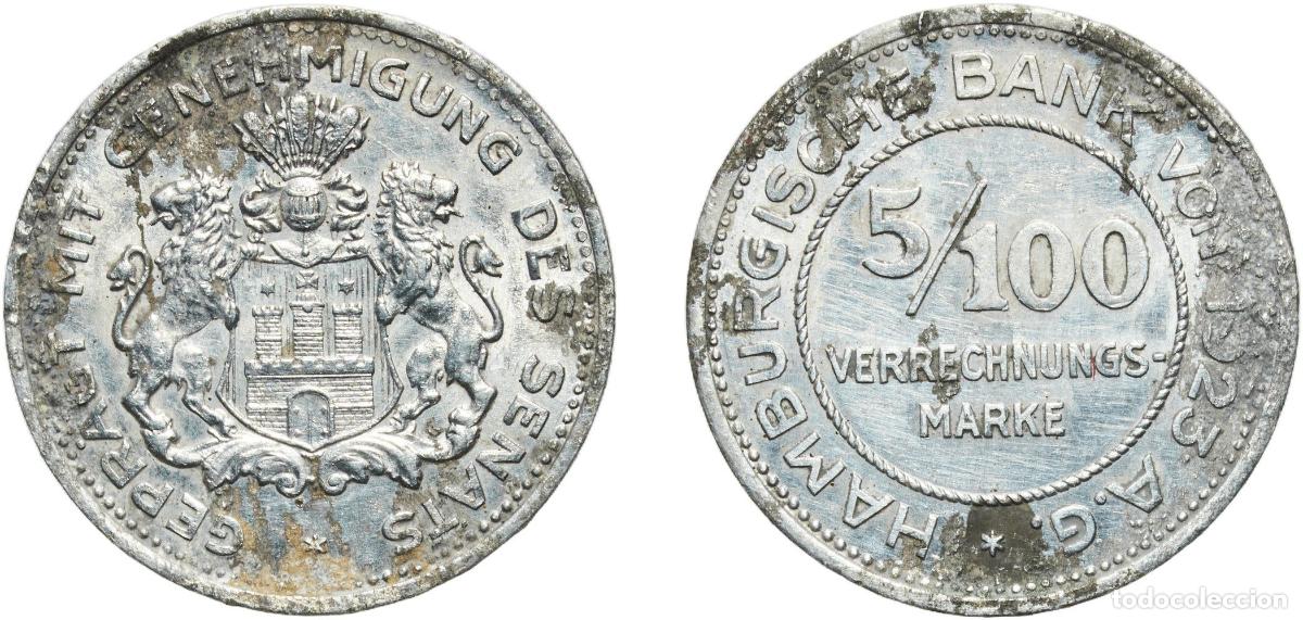 Monedas antiguas de Europa: Germany Hamburg, City of Weimar Republic 1923 5&frasl;100 Verrechnungsmarke - Hamburg Aluminium Hamburg M