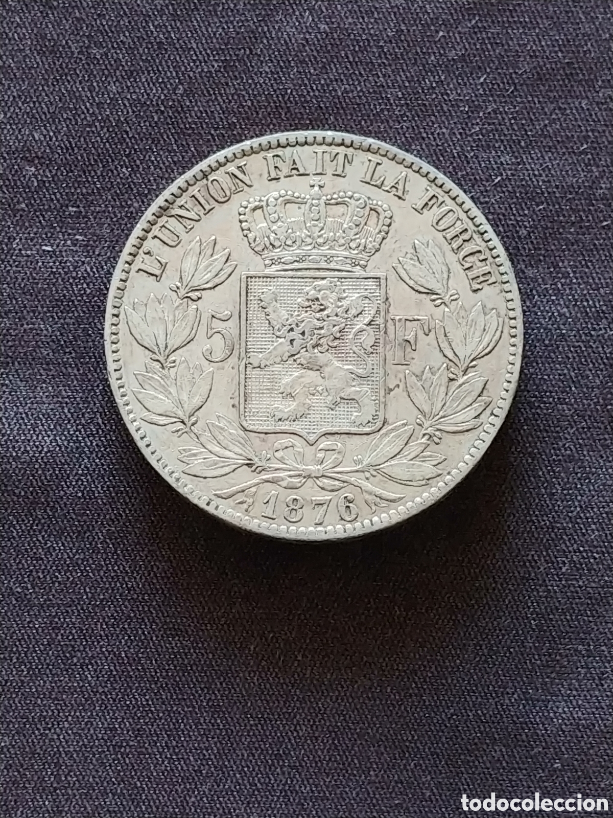 Monedas antiguas de Europa: B&eacute;lgica 5 Francs 1876, plata .900 mls., &iexcl;conservaci&oacute;n!