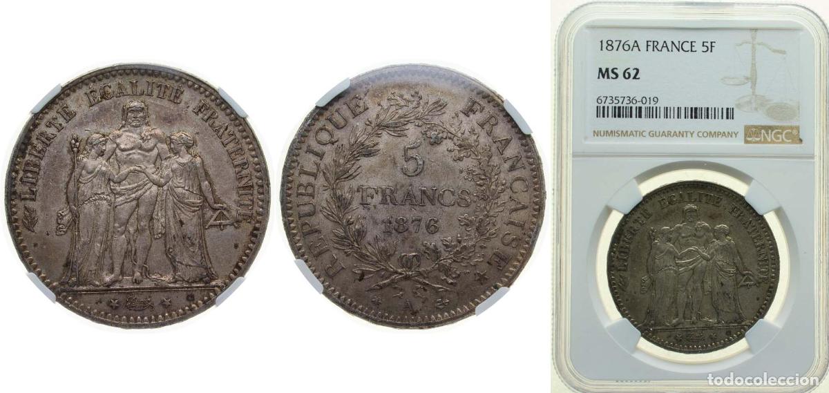 Monedas antiguas de Europa: France Third Republic 1876 A 5 Francs Silver (.900) Paris Mint (8800000) 25g NGC MS 62 F 334 Gad 74