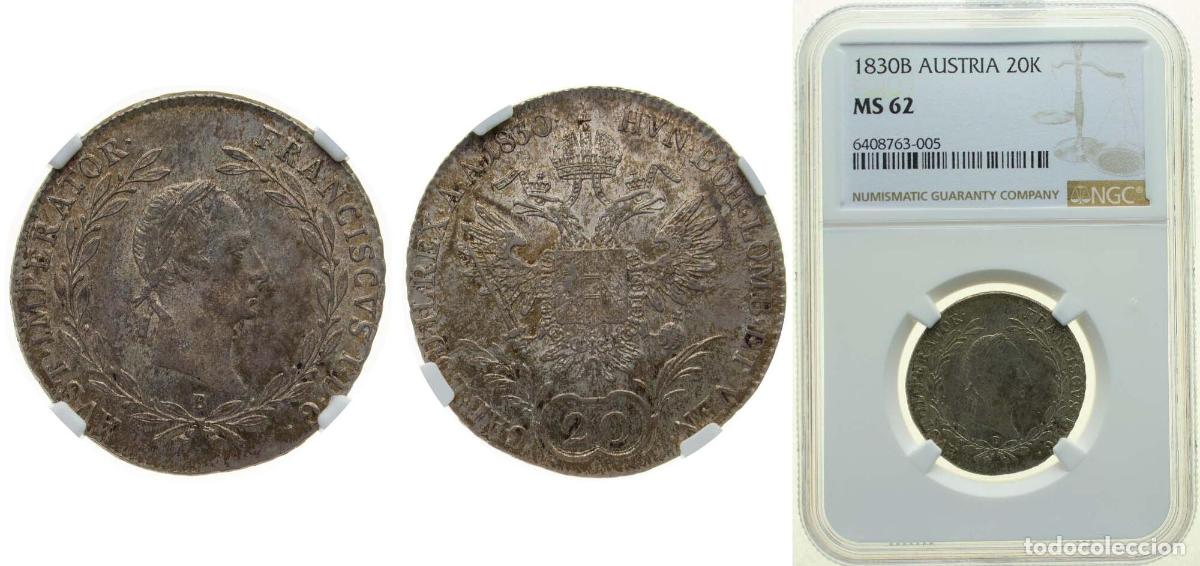 Moedas antigas da Europa: Austria Empire 1830 B 20 Kreuzer - Franz I Silver (.583) Kremnica / K&ouml;rm&ouml;cb&aacute;nya / Kremnitz Mint 6.6