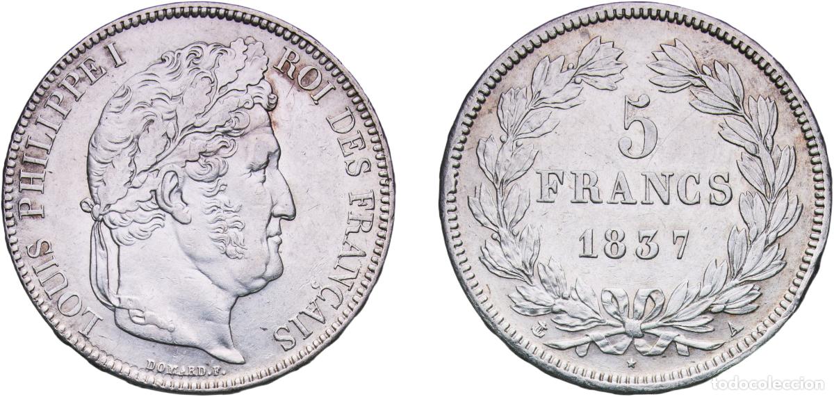 Monedas antiguas de Europa: France Kingdom 1837 A 5 Francs - Louis-Philippe I Silver (.900) Paris Mint (6882552) 24.94g UNC Cle