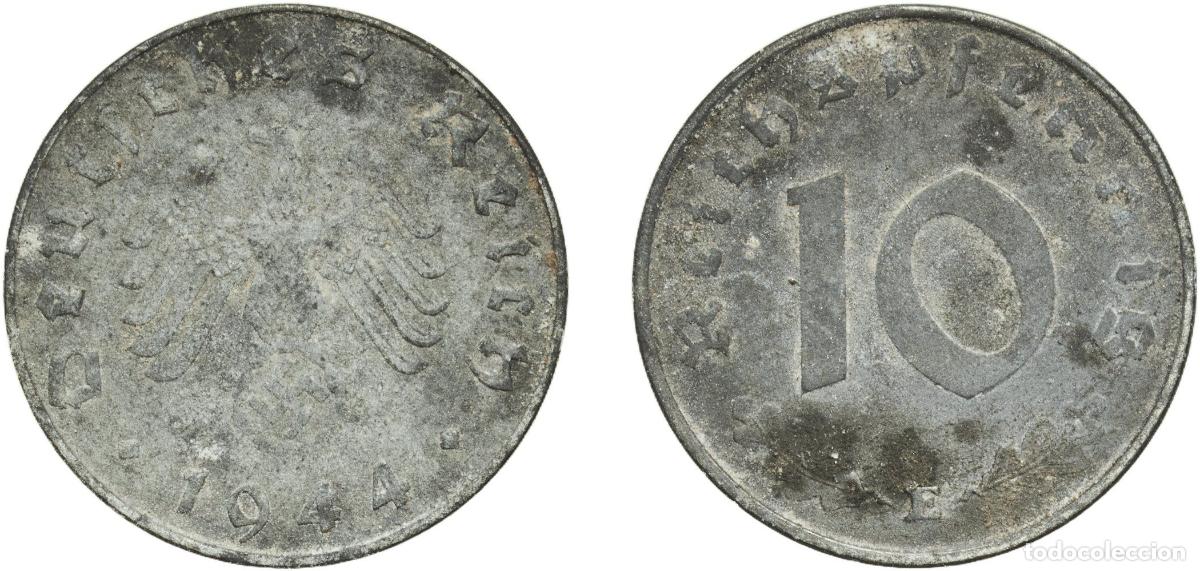 Monedas antiguas de Europa: Germany Third Reich 1944 E 10 Reichspfennig Zinc Muldenh&uuml;tten Mint (29962612) 3.54g XF KM 101 AKS