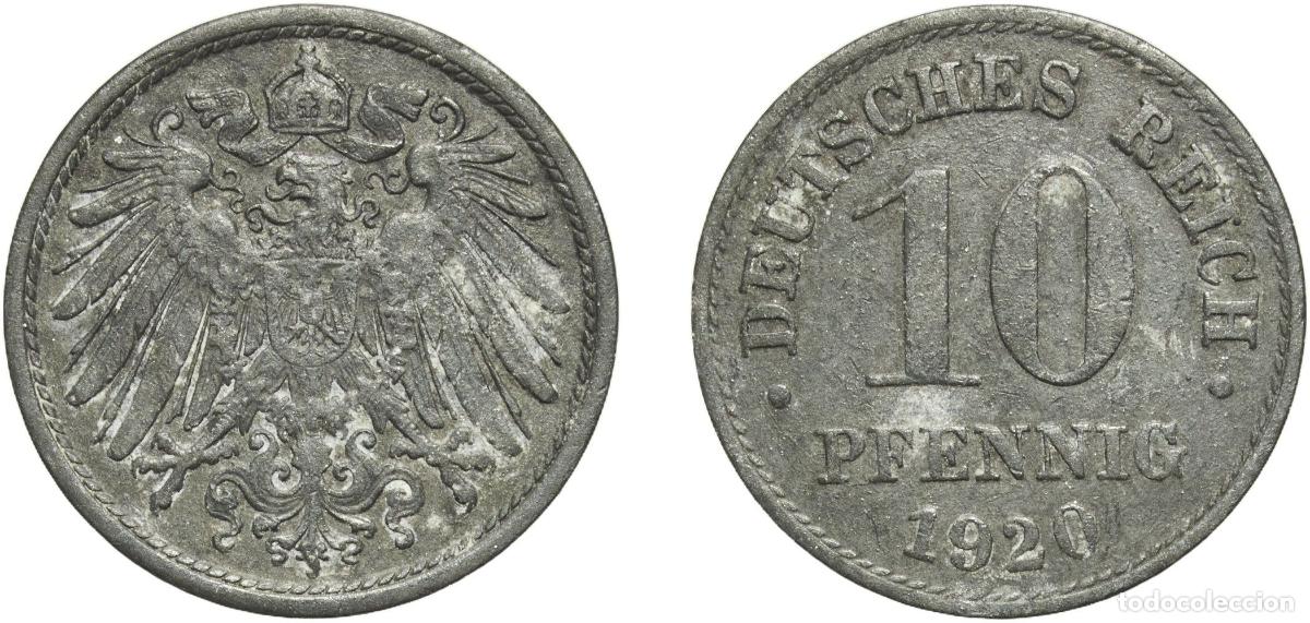 Monedas antiguas de Europa: Germany Weimar Republic 1920 10 Pfennig - Wilhelm II (type 2 - small shield; without mintmark) Zinc