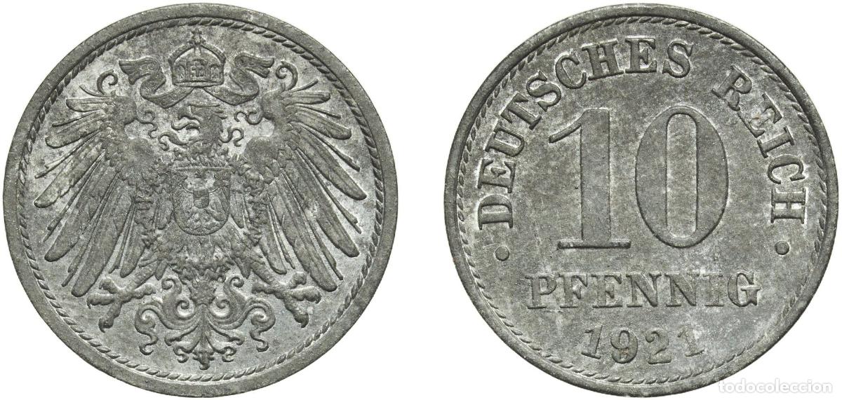 Monedas antiguas de Europa: Germany Weimar Republic 1921 10 Pfennig - Wilhelm II (type 2 - small shield; without mintmark) Zinc