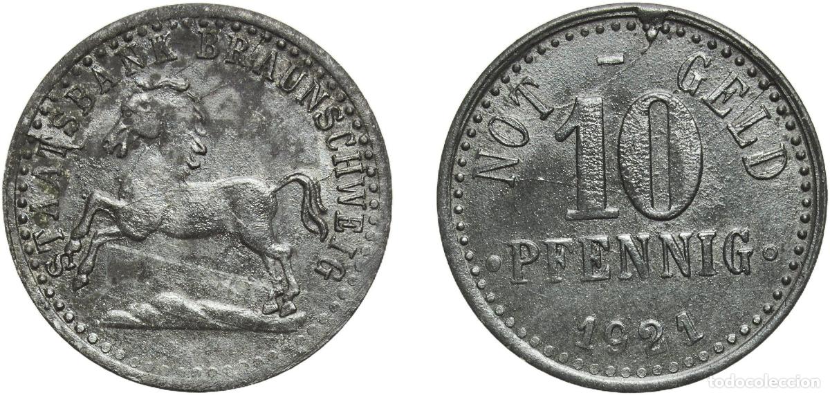 Monedas antiguas de Europa: Germany Brunswick, Federal state of Weimar Republic 1921 10 Pfennigs - Braunschweig (Staatsbank) Zi