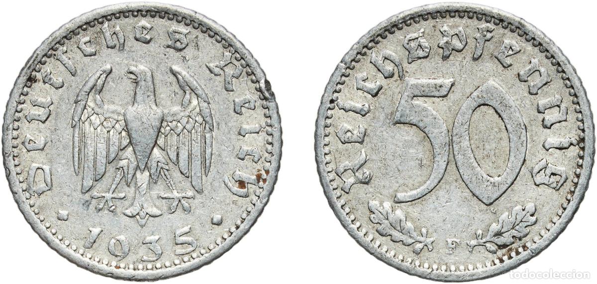 Monedas antiguas de Europa: Germany Third Reich 1935 F 50 Reichspfennig Aluminium Staatliche M&uuml;nze Baden-W&uuml;rttemberg Mint (1406