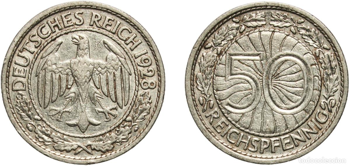 Monedas antiguas de Europa: Germany Weimar Republic 1928 A 50 Reichspfennig Nickel Berlin Mint (43864104) 3.5g XF KM 49 AKS 40