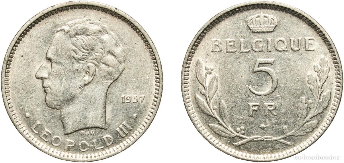 Monedas antiguas de Europa: Belgium Kingdom 1937 5 Francs - L&eacute;opold III (French text) Nickel Royal Mint of Belgium 12g AU KM 10