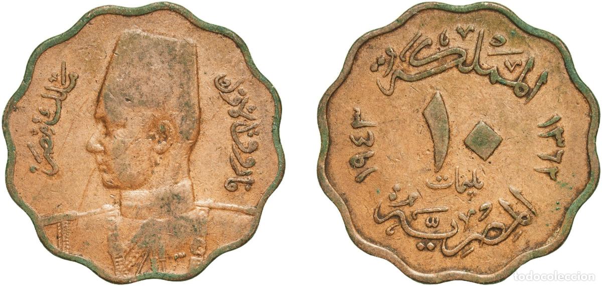 Monedas antiguas de Europa: Egypt Kingdom AH1362 (1943) 10 Milliemes - Farouk Bronze Royal Mint (Tower Hill) 5.91g VF KM 361 S