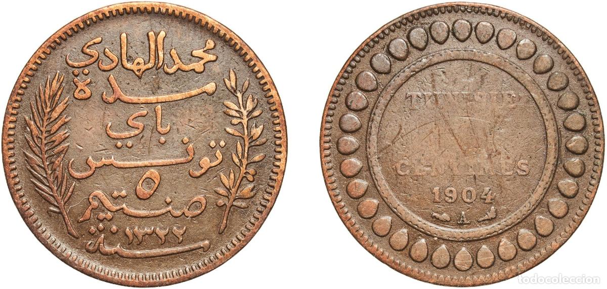 Monedas antiguas de Europa: Tunisia French Protectorate AH1322 (1904) A 5 Centimes - Muhammad IV Bronze Paris Mint (1000000) 4.