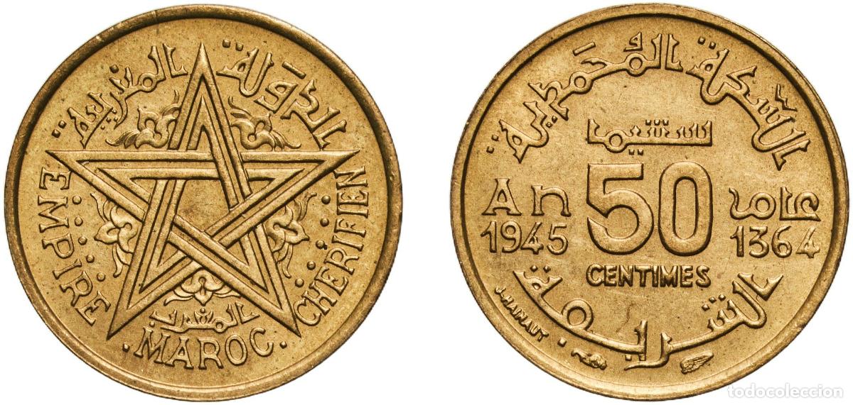 Monedas antiguas de Europa: Morocco Kingdom AH1364 (1945) 50 Centimes - Mohammed V Aluminium bronze Paris Mint (24000000) 2.06g