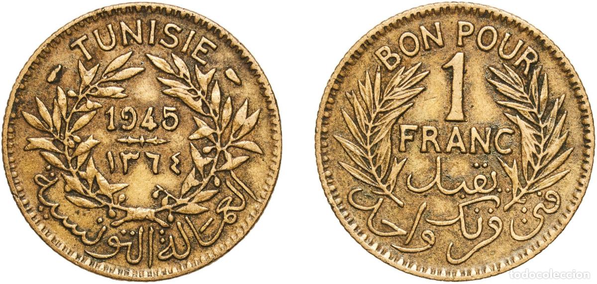 Monedas antiguas de Europa: Tunisia French Protectorate AH1364 (1945) 1 Franc (Chambers of Commerce Coinage) Aluminium bronze P